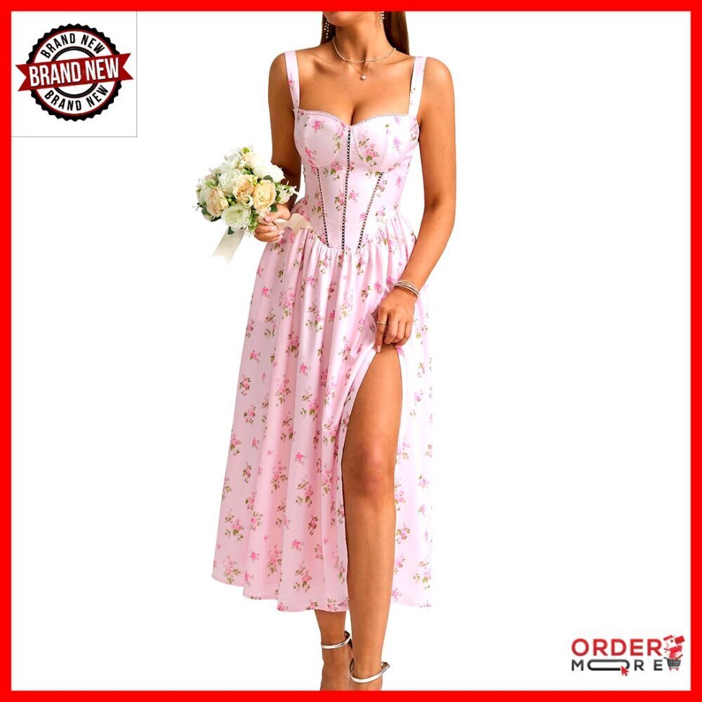 Floral Corset Midi Dress with Pockets Boho Chic Wedding Guest Summer Dress
